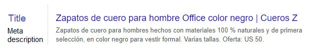 Example of how a page's title and meta description appear in a Google search result.