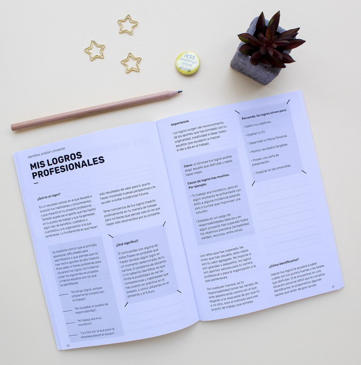 The planner in its printed version next to a pen and a small cactus, on a desk.