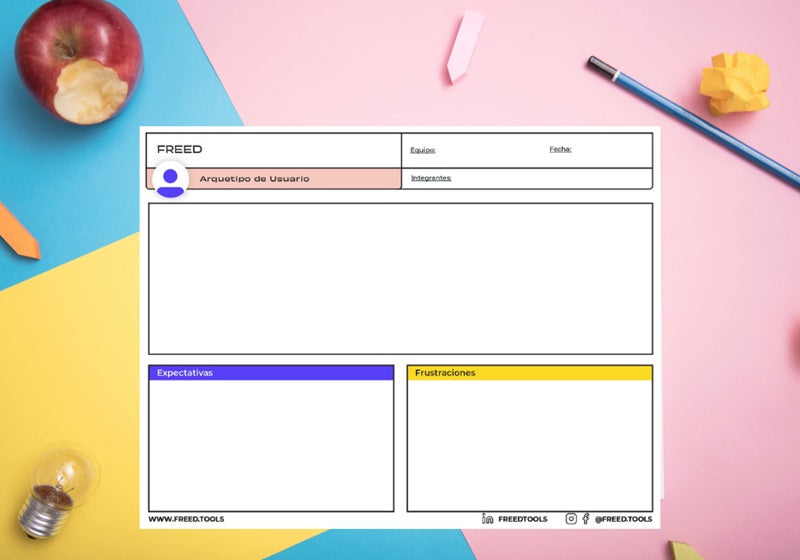 User persona template with an apple, a pencil, a light bulb, and other office supplies.