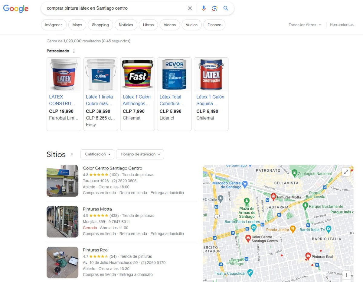 Screenshot example of Google search results for the term "buy latex paint in downtown Santiago".