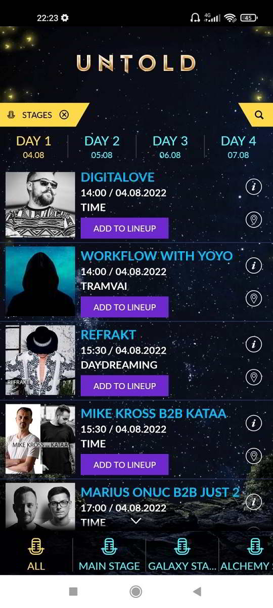 Screenshot of the UNTOLD app showing show times