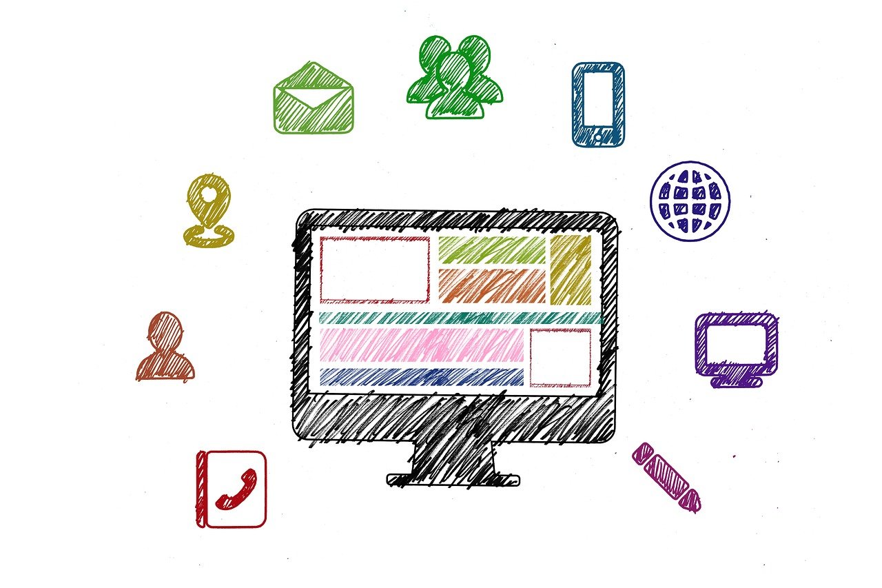Drawing of a diagram. In the center, a computer screen is visible, surrounded by icons of different internet platforms.