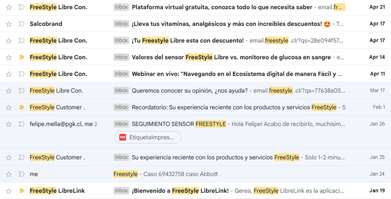 Screenshot of the inbox showing emails received from Abbott
