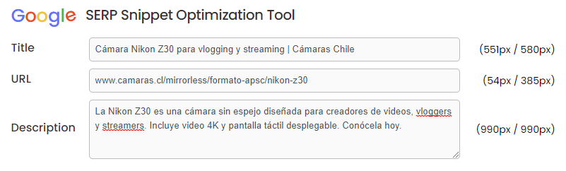 Example of using the Google SERP Snippet Optimization Tool.