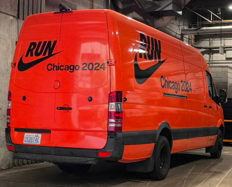 Red van branded by Nike for Chicago 2024