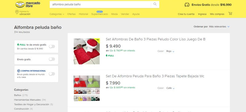 Example of a search on Mercado Libre for a shaggy bath rug