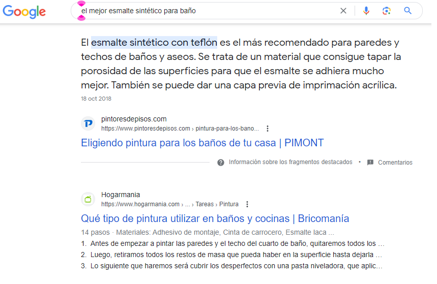 Screenshot example of Google search results for the term "best synthetic enamel for bathrooms".