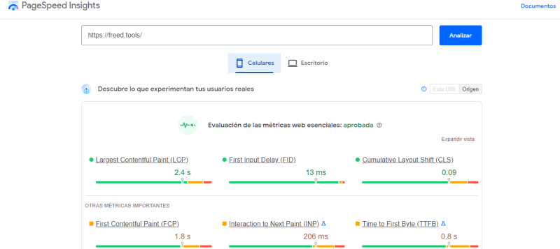 Example of Google PageSpeed Insights panel