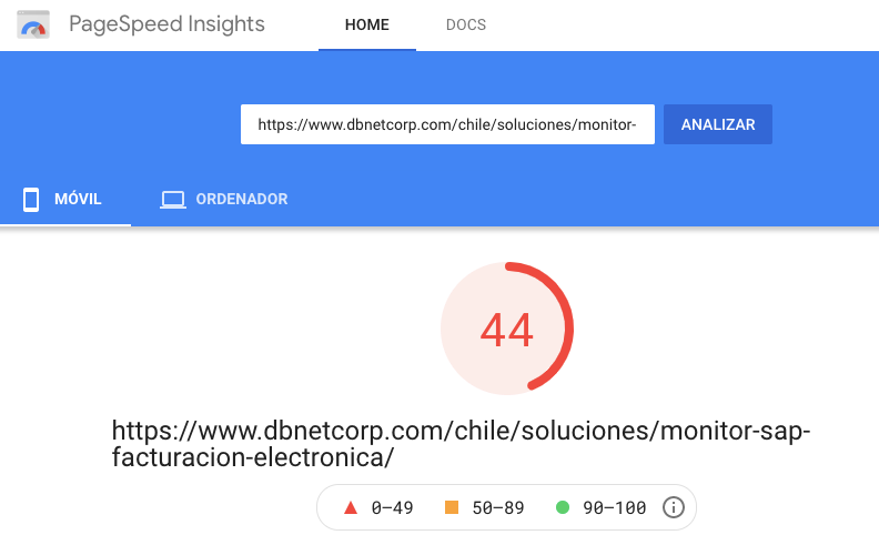 Measurement of mobile load time using Google's PageSpeed Insights.