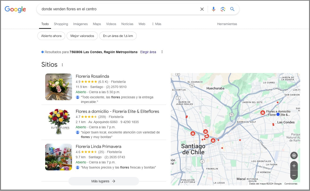 Google screenshot with a search for a place to buy flowers.