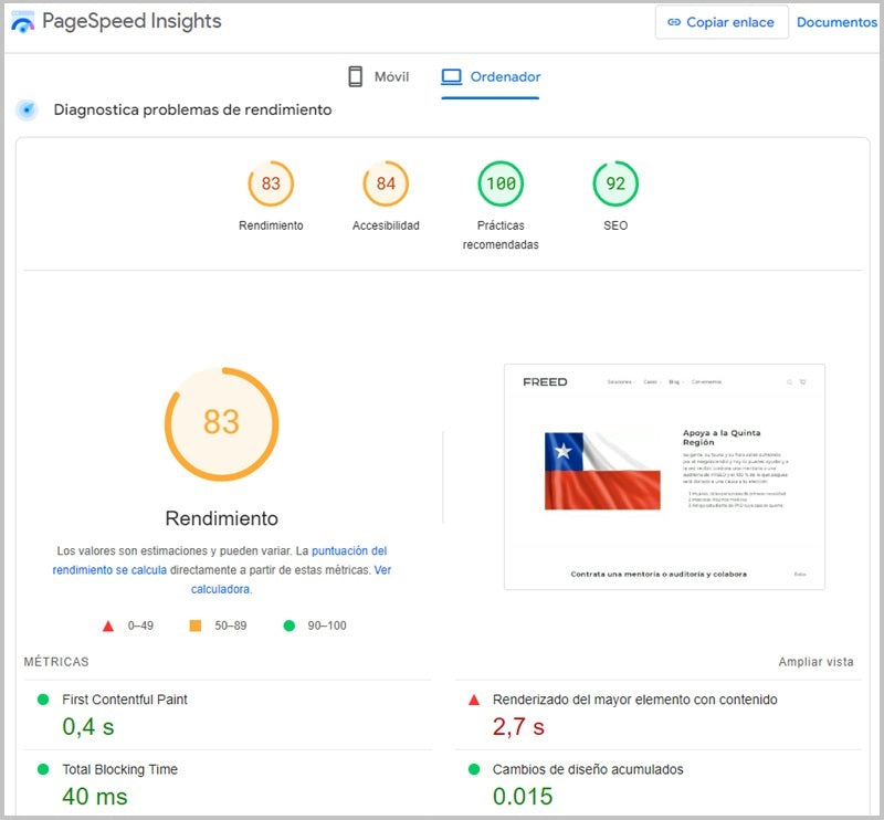 Screenshot of a website analysis using PageSpeed Insights.