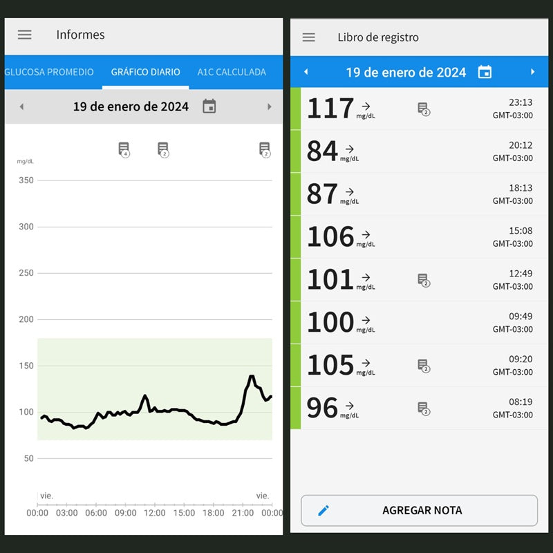 Two screenshots of the report provided by the Abbott glucose sensor mobile application