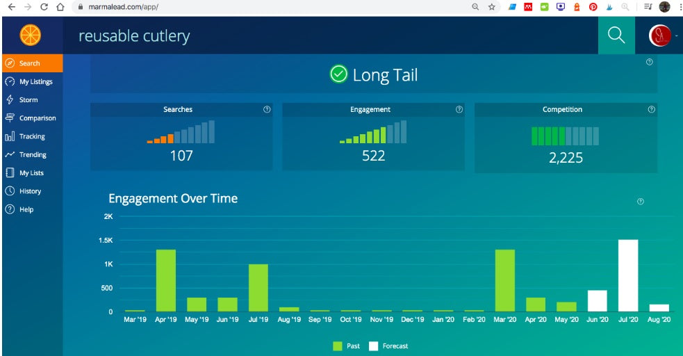 Screenshot of the Marmalead tool showing data on Long Tail terms.