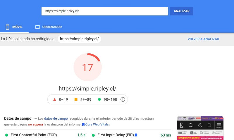 Screenshot of the Ripley.cl site's loading speed measurement with a negative result of only 17.
