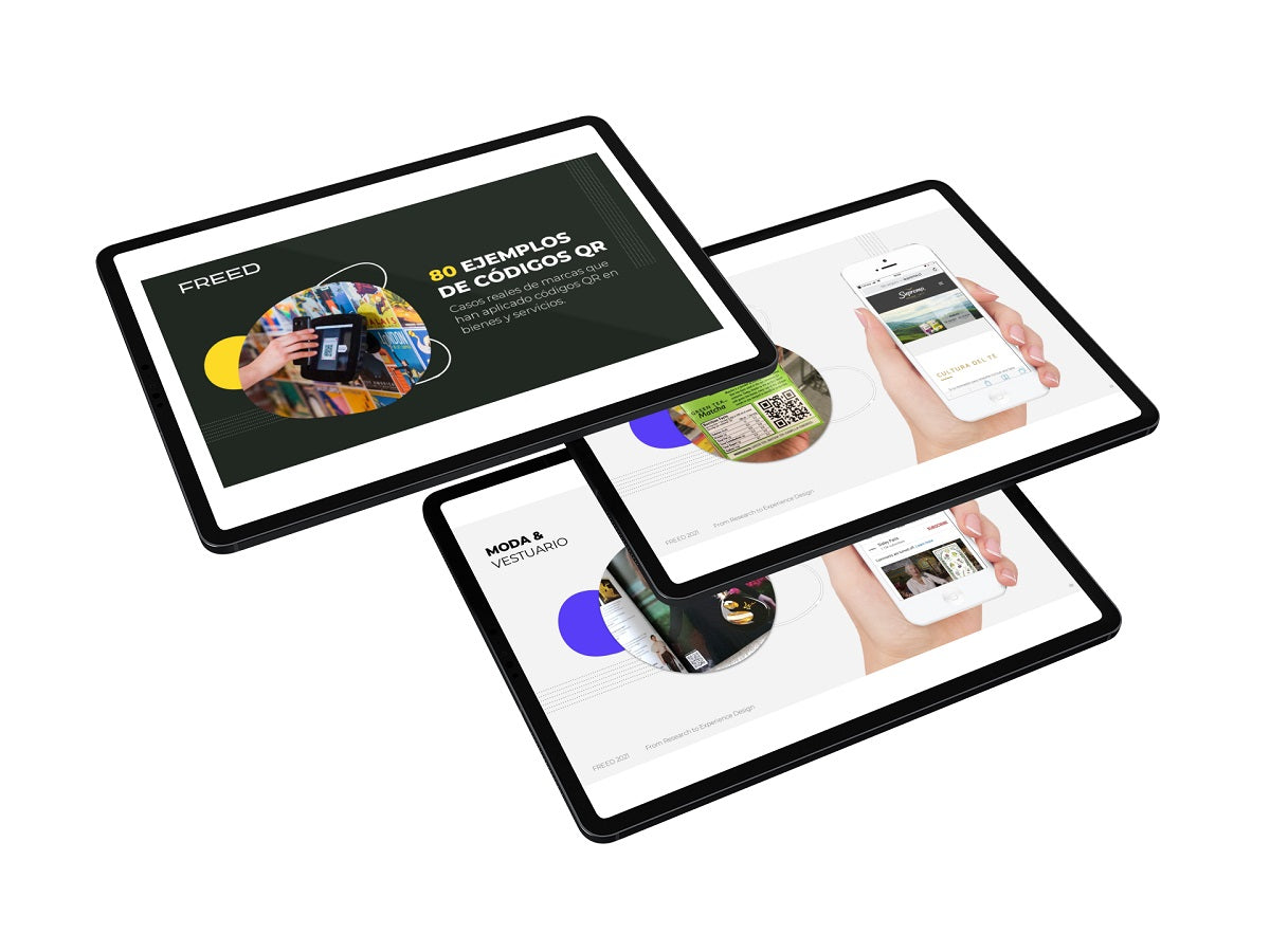 Three tablets displaying the content of FREED's QR code report