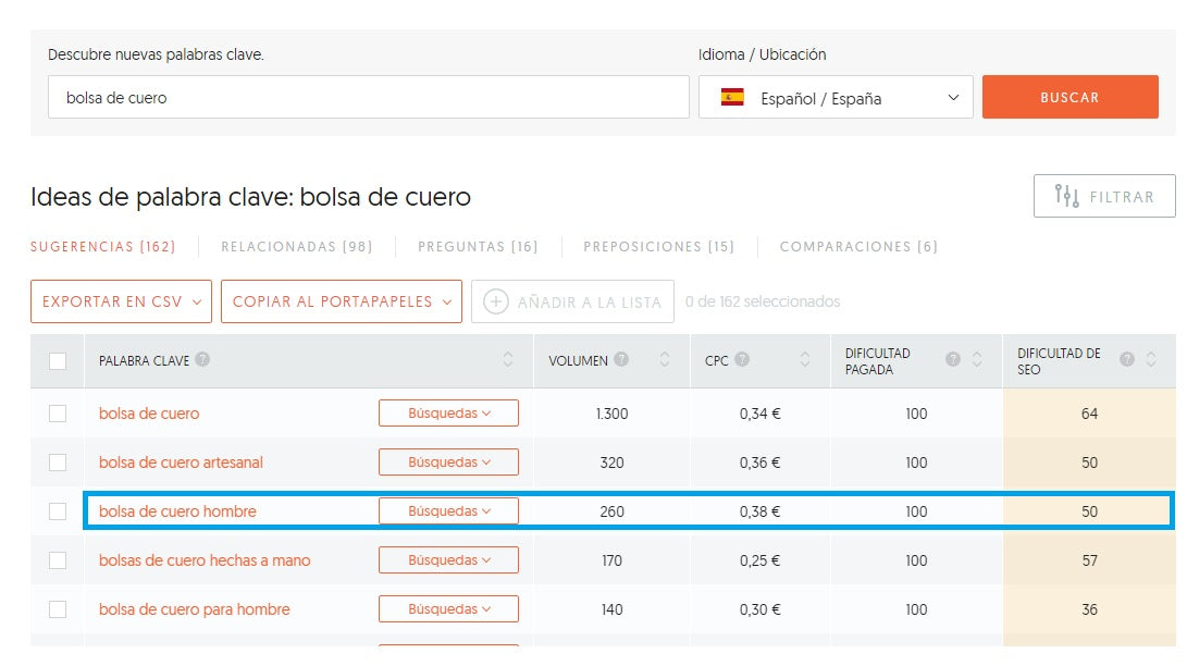 Screenshot of the Ubersuggest tool, showing Keyword Ideas.