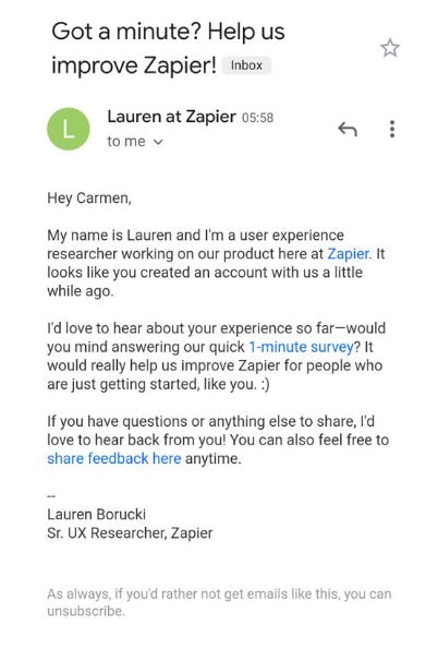 Screenshot of an example of a feedback request to a user.
