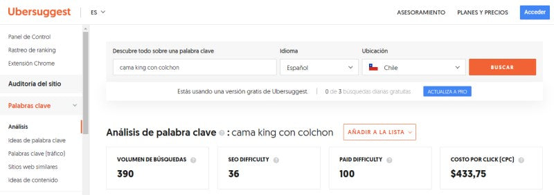 Screenshot of the Ubersuggest SEO tool.