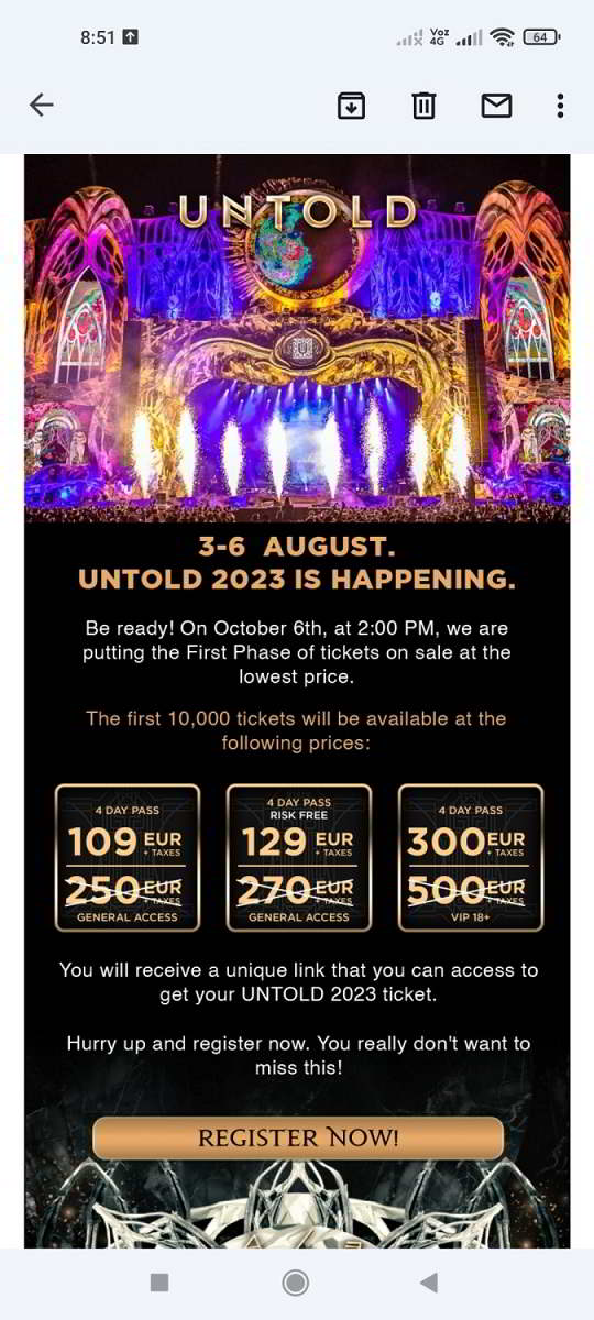 Screenshot of the UNTOLD app with the 2023 ticket pre-sale