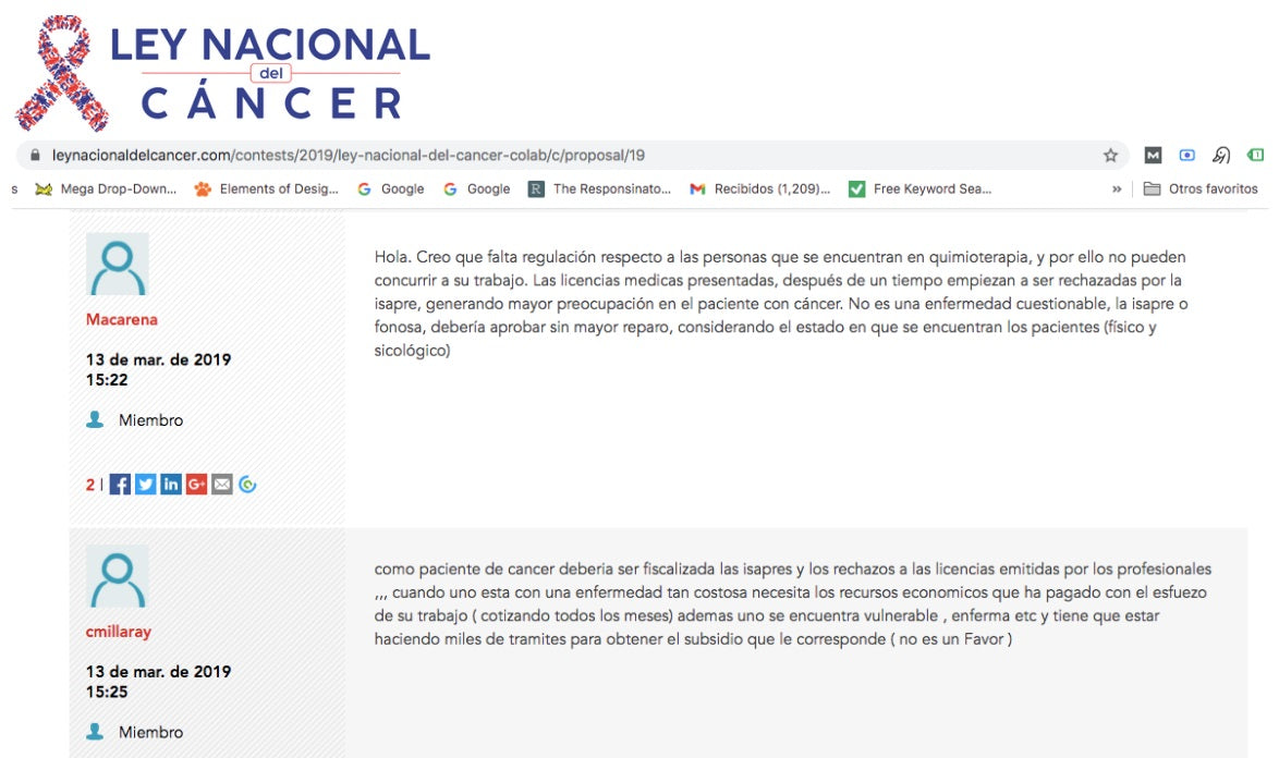 Example of a temporary community about the National Cancer Law in Chile.