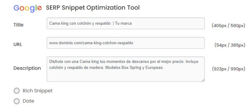 Example of how the SERP is optimized in the Google SERP Snippet Optimization Tool.