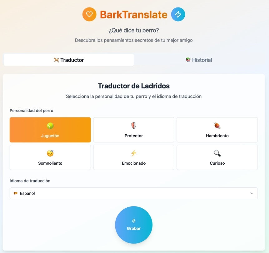 Capture d'écran montrant une partie de l'application Barktranslate