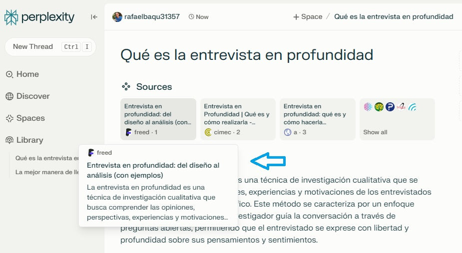 Screenshot of a search in Perplexity showing the sources used and a FREED page appearing.