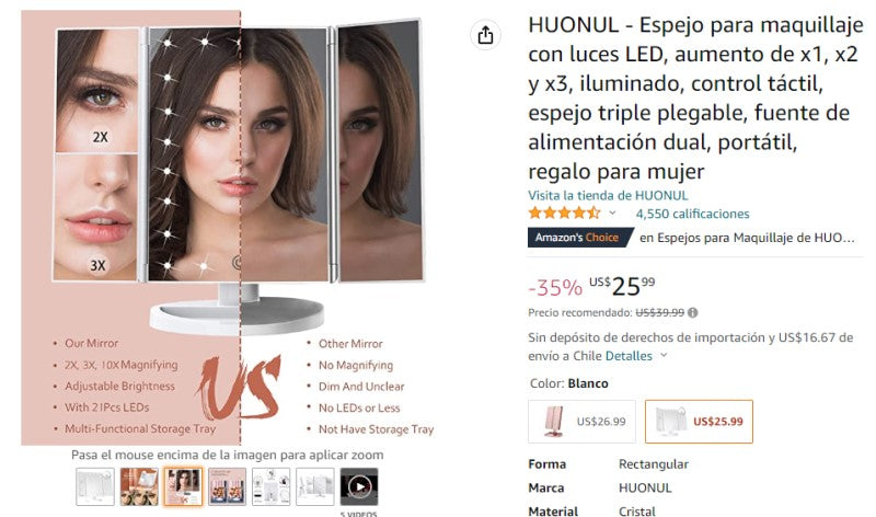 Example of mirror advertisement, comparing the one for sale with a normal one.