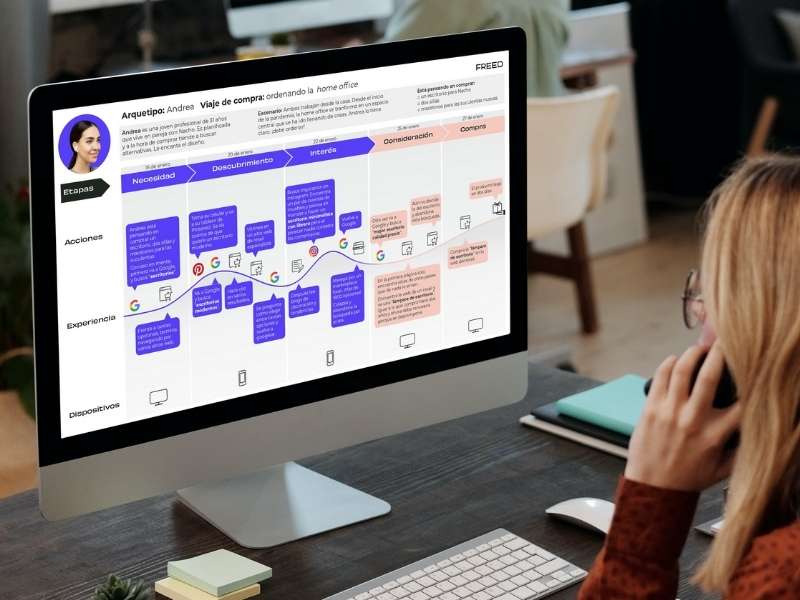 Woman looking at a customer journey on a computer screen.