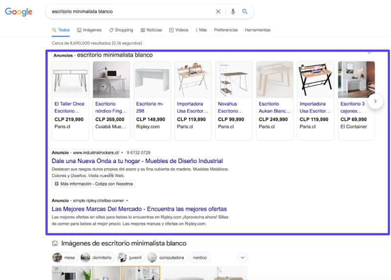 Screenshot of Google results showing the small difference between ads and organic results.