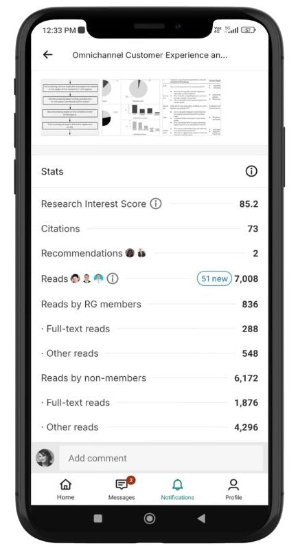 On a smartphone screen, the ResearchGate panel is visible, showing statistics about the paper, such as reads and mentions, among others.