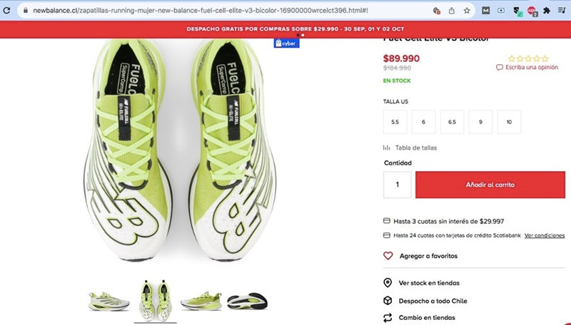 Pantallazo del sitio web de New Balance donde aparece un par de zapatillas de running de color verde. Destaca el hecho de que indica que están en stock.