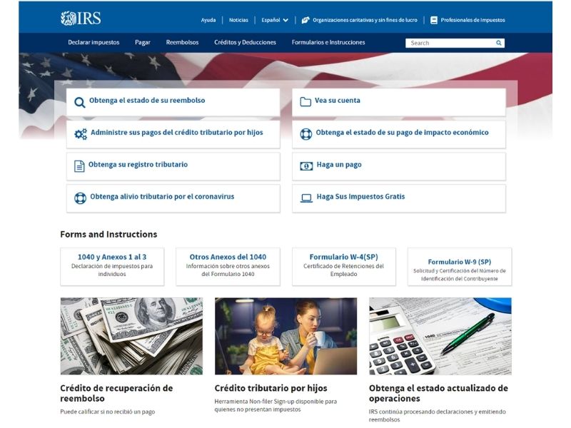 Screenshot of the IRS website of the United States government in 2021.