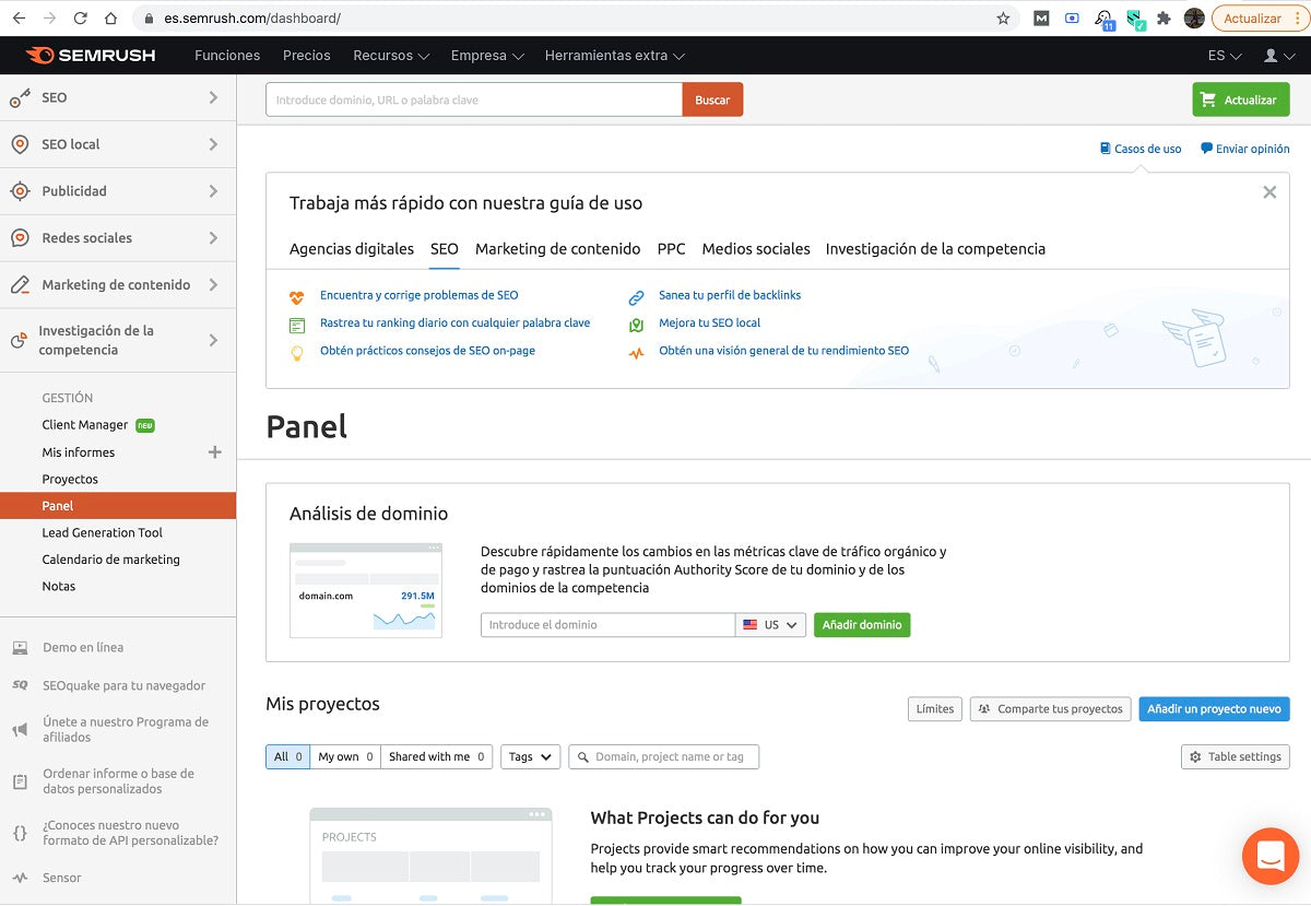 Screenshot of Semrush control panel.