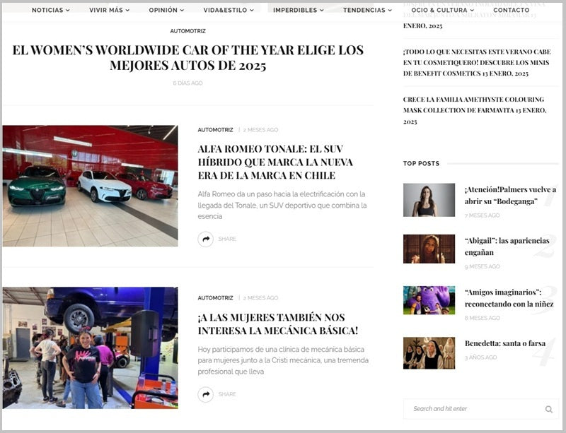 Screenshot of a website with featured articles.