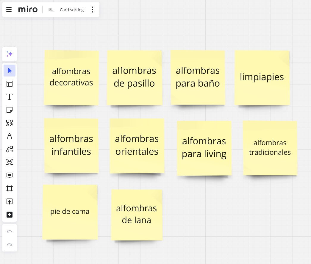 Example of a card sorting in Miro.