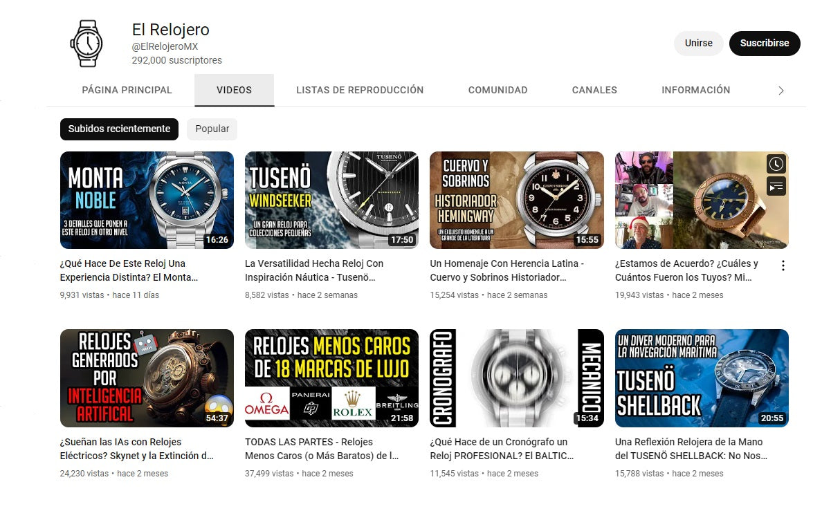 Image of a YouTube channel of a watch industry influencer.