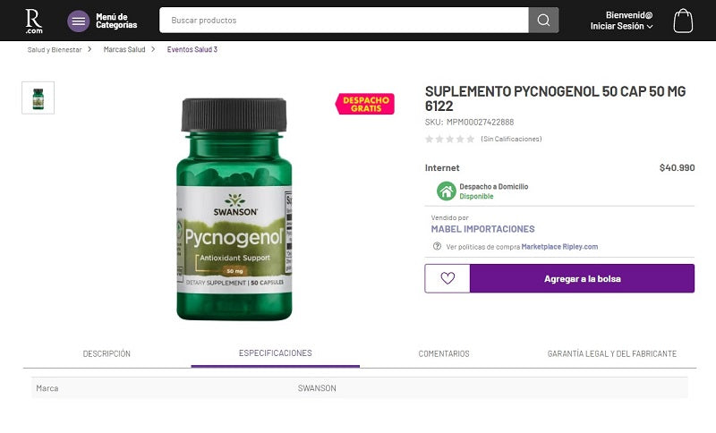 Example of a product page with little content on Ripley.cl.