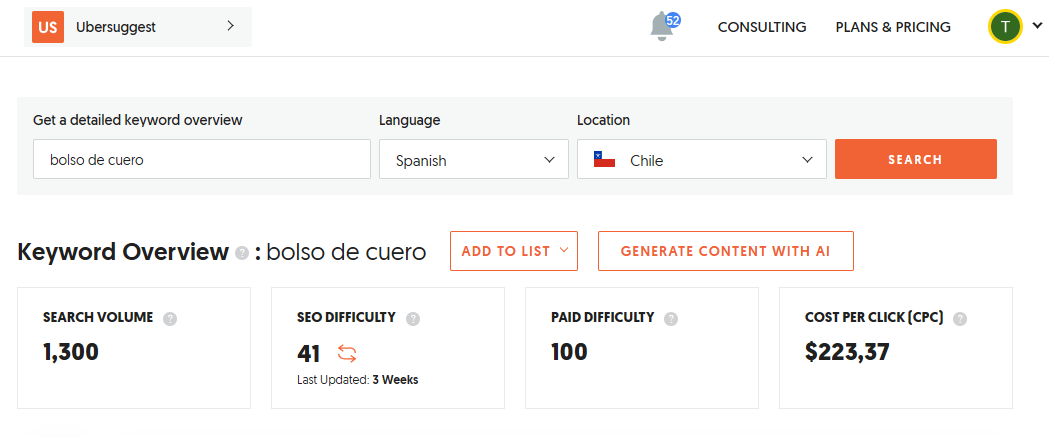 Example of Ubersuggest, a keyword research tool.