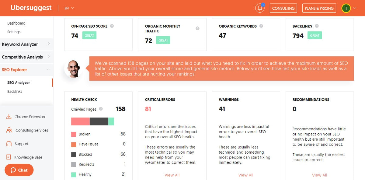 SEO analysis of a website with Ubersuggest.